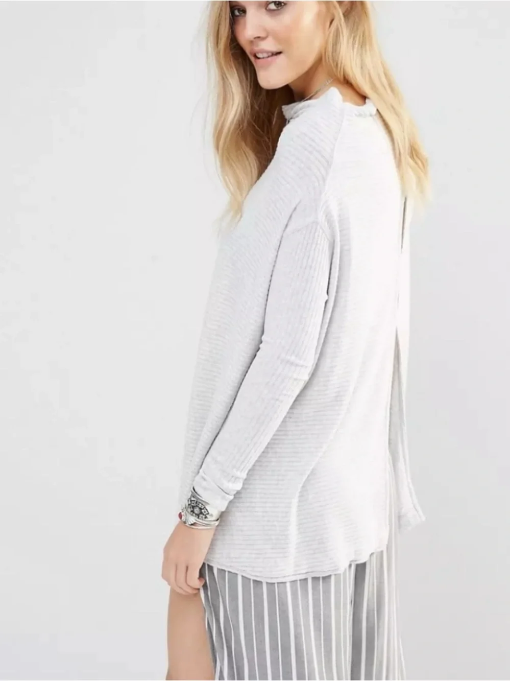 Free People Lover Ribbed Casual Oversized Tunic Top Boho Light Grey Size L